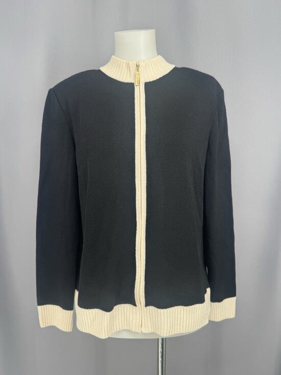 St. John Sweaters - Vintage ST JOHN Cardigan Womens Medium Black Ivory‎ Full Zip Wool Blend